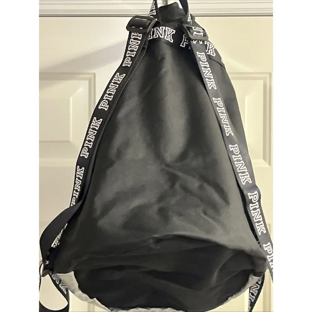 PINK Victoria's Secret Cinch Drawstring Large Back Pack Black/Silver NWOT